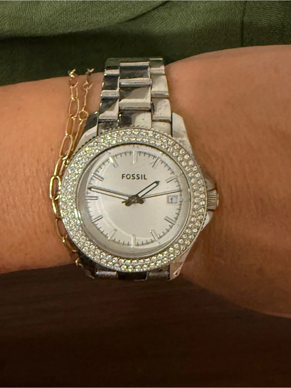Fossil Silver Crystal-Trim Stainless Steel Women's Bracelet Watch